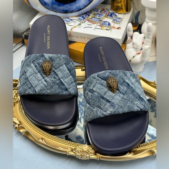 🆕 KURT GEIGER LONDON 🧿 NWOB Blue Denim Meena Eagle Slides, Sz EU 41 US10 - Picture 4 of 12